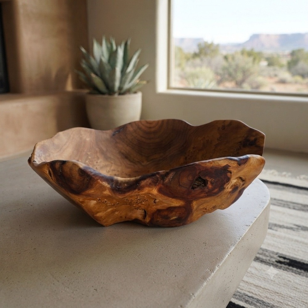 Live Edge Burl Wood Rustic Bowl Handcrafted Organic Turned Wood Art Signed JK